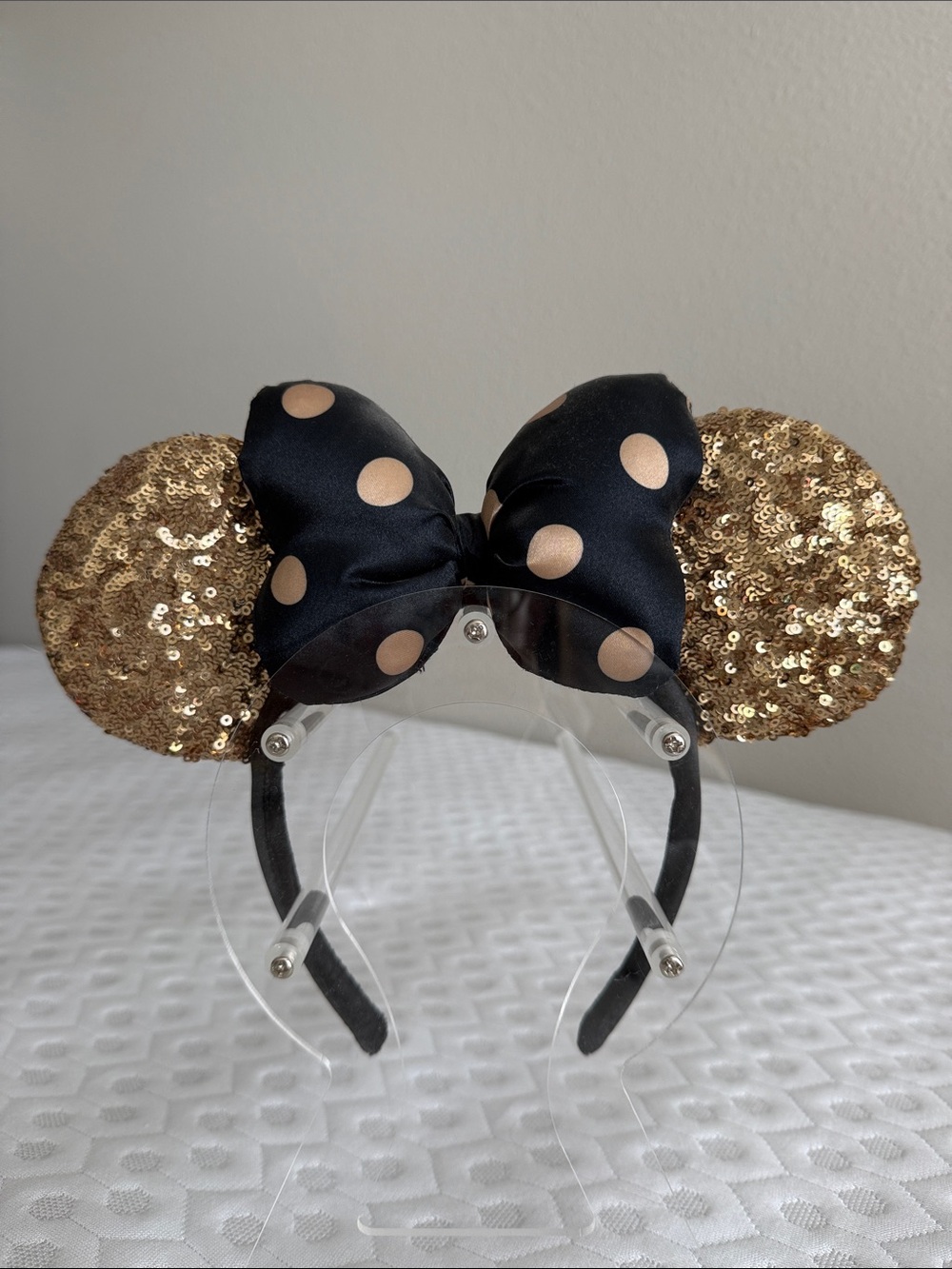Disney Gold Sequin Minnie Ears Headband with Black and Gold Polka Dot Bow